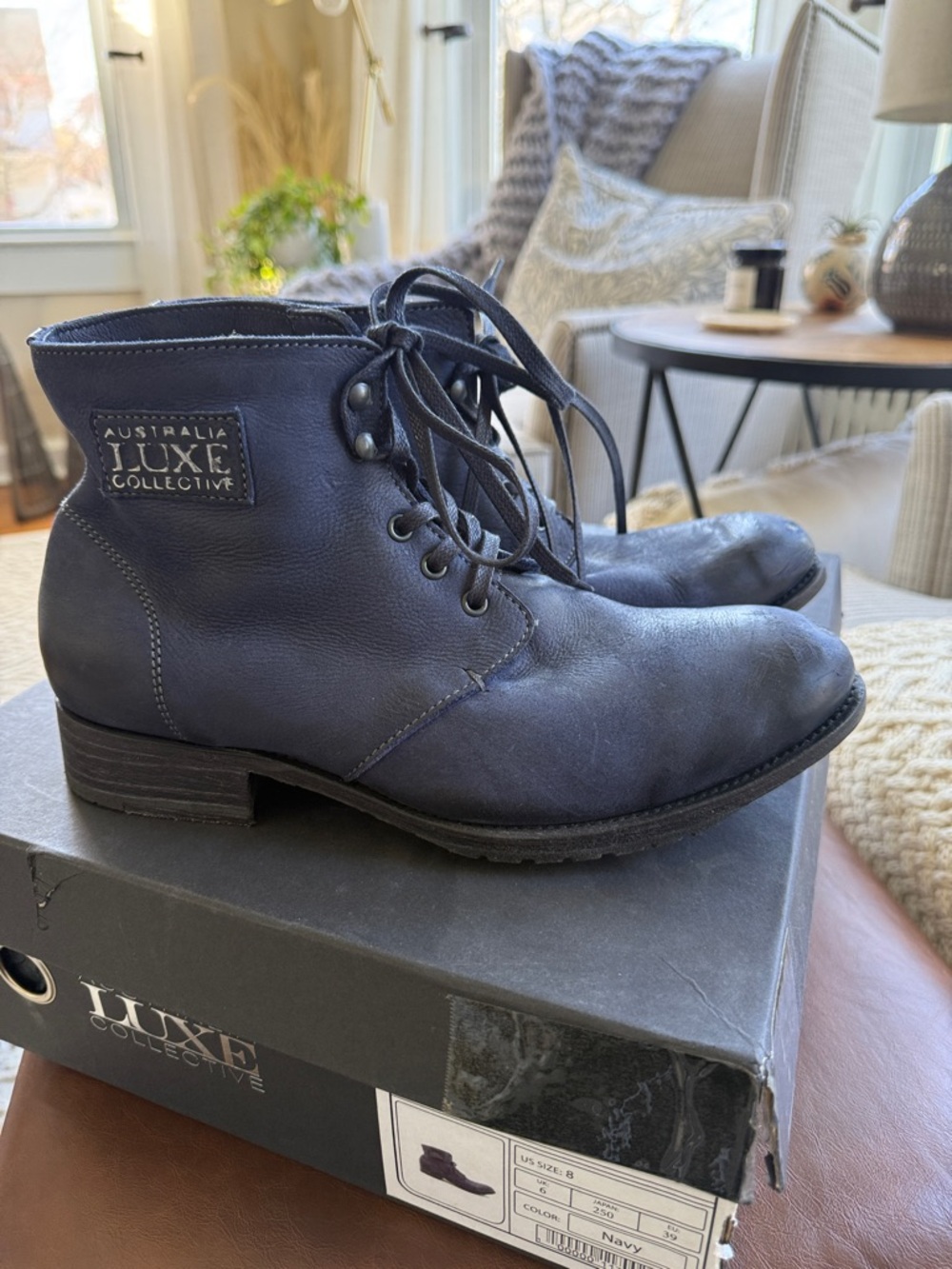 NIB Australia Luxe Collective Navy Shoe Box with Gold Logo Sz 8